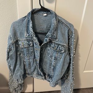 Denim jacket women’s xxl with pearl embellished sleeves